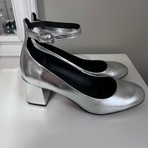 Rebecca Minkoff metallic silver block heels with ankle straps